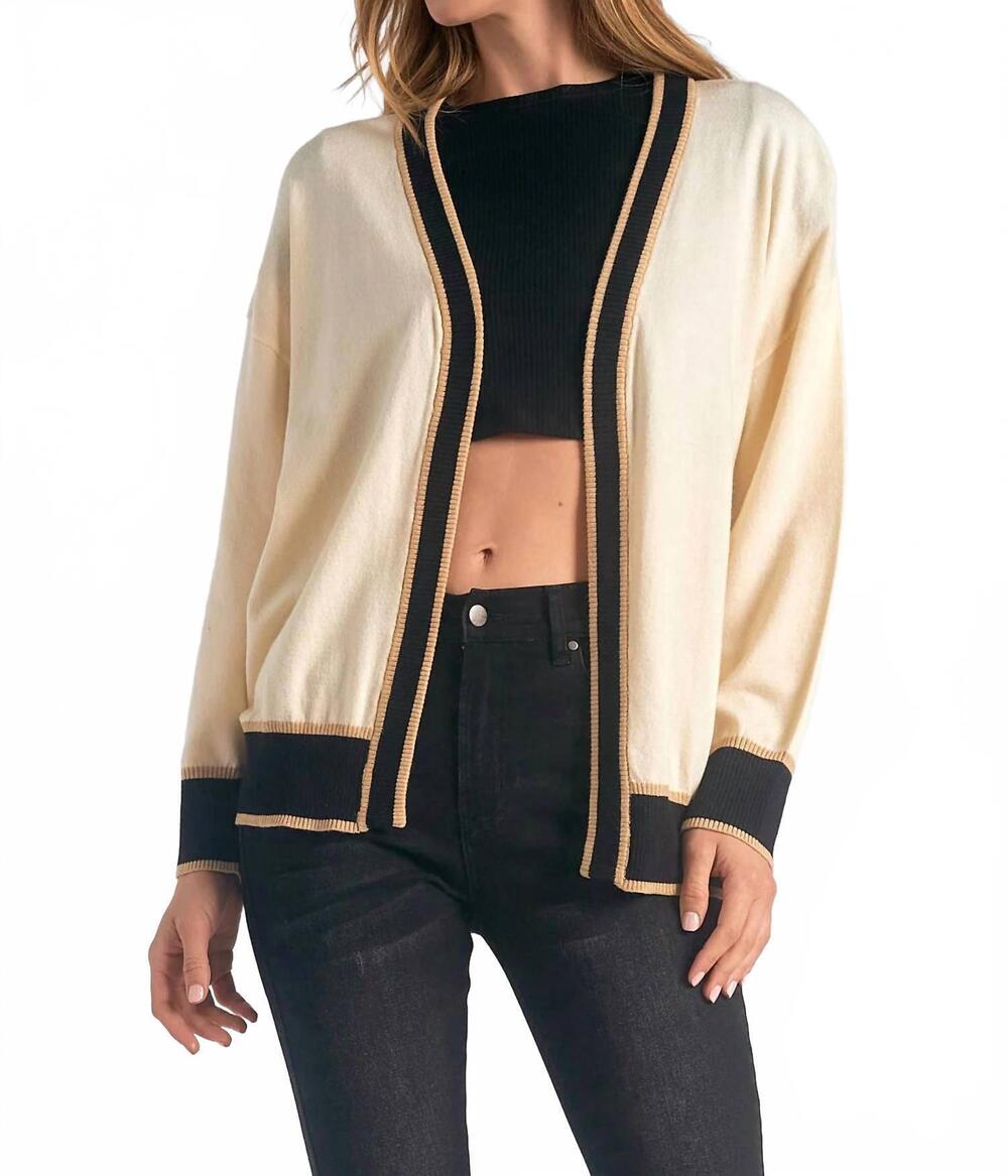 NEW ELAN border detail sweater cardigan in off white black